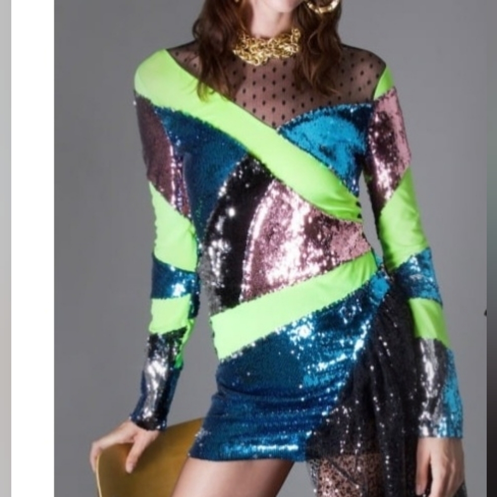 Banjul Vibrant Sequin Long Sleeve Dress Colorblock Disco Grunge 80's Punk Sparks